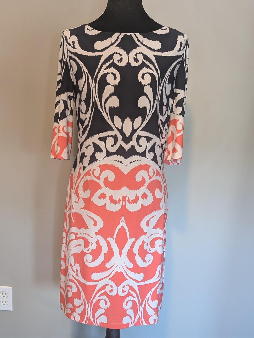 Eliza J Coral, Black and White Long Sleeve Printed Sheath Dress